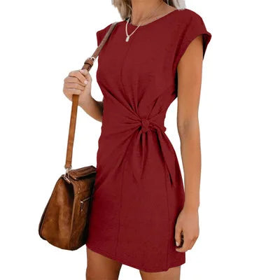 Dress Women Summer O-neck Short Sleeve Asymmetrical Lace Up Waist Solid Color Dresses 2022 Casual Vestidos Dropshipping JQMY9675