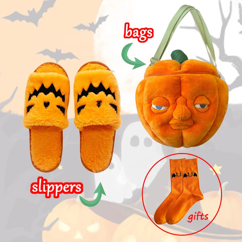 Highland Cow Halloween Pumpkin Slippers Backpacks Plush Fluffy Lantern Bags Slipper with Socks Bedroom Funny Shoes Gifts