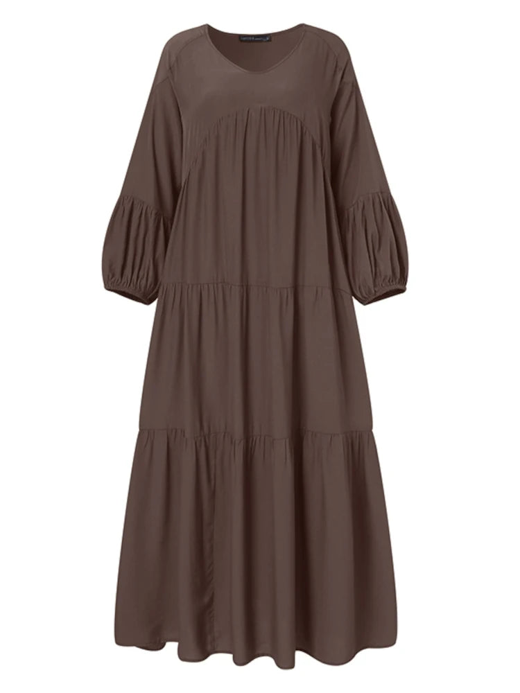 ZANZEA Vintage Ruffle Dress Women's Spring Sundress Casual Puff Sleeve Maxi Vestidos Female V Neck Robe Elegant Long Dresses