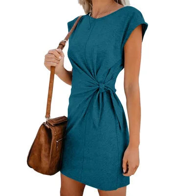 Dress Women Summer O-neck Short Sleeve Asymmetrical Lace Up Waist Solid Color Dresses 2022 Casual Vestidos Dropshipping JQMY9675