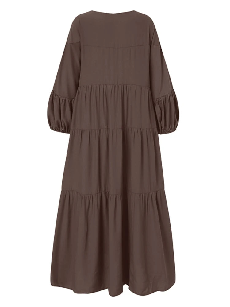 ZANZEA Vintage Ruffle Dress Women's Spring Sundress Casual Puff Sleeve Maxi Vestidos Female V Neck Robe Elegant Long Dresses