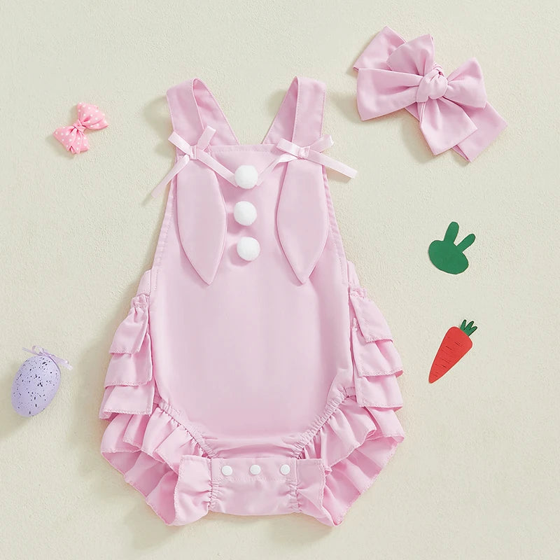 Newborn Infant Baby Girls Sleeveless Pom Front Ruffle Romper Playsuit Jumpsuit Overalls Baby Clothes Easter Outfits