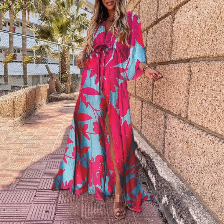 Printed Long Dresses For Women Fashion V-neck Bohemian Beach Slit Dress Casual Vacation Ladies Maxi Vestidos Spring Summer New