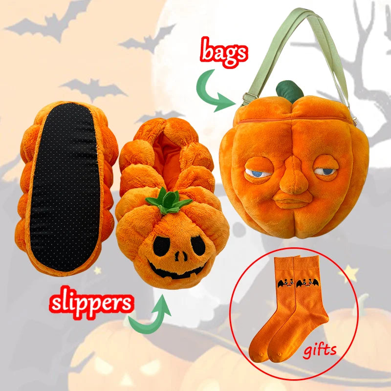Highland Cow Halloween Pumpkin Slippers Backpacks Plush Fluffy Lantern Bags Slipper with Socks Bedroom Funny Shoes Gifts