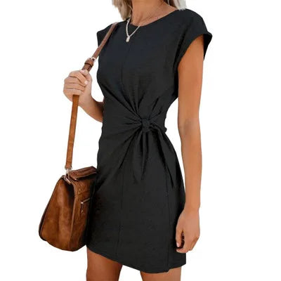 Dress Women Summer O-neck Short Sleeve Asymmetrical Lace Up Waist Solid Color Dresses 2022 Casual Vestidos Dropshipping JQMY9675