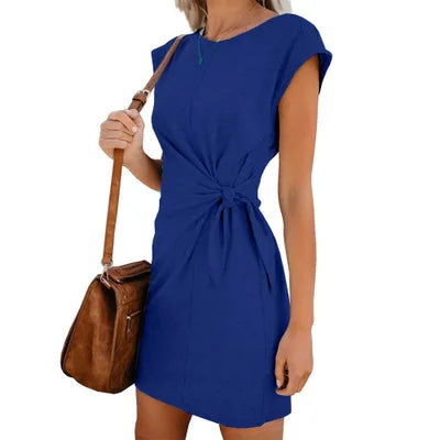 Dress Women Summer O-neck Short Sleeve Asymmetrical Lace Up Waist Solid Color Dresses 2022 Casual Vestidos Dropshipping JQMY9675