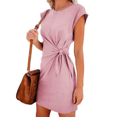 Dress Women Summer O-neck Short Sleeve Asymmetrical Lace Up Waist Solid Color Dresses 2022 Casual Vestidos Dropshipping JQMY9675